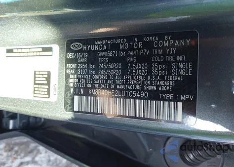 2020 Hyundai Palisade Sel из США, поврежденный, VIN KM8R4DHE2LU105490